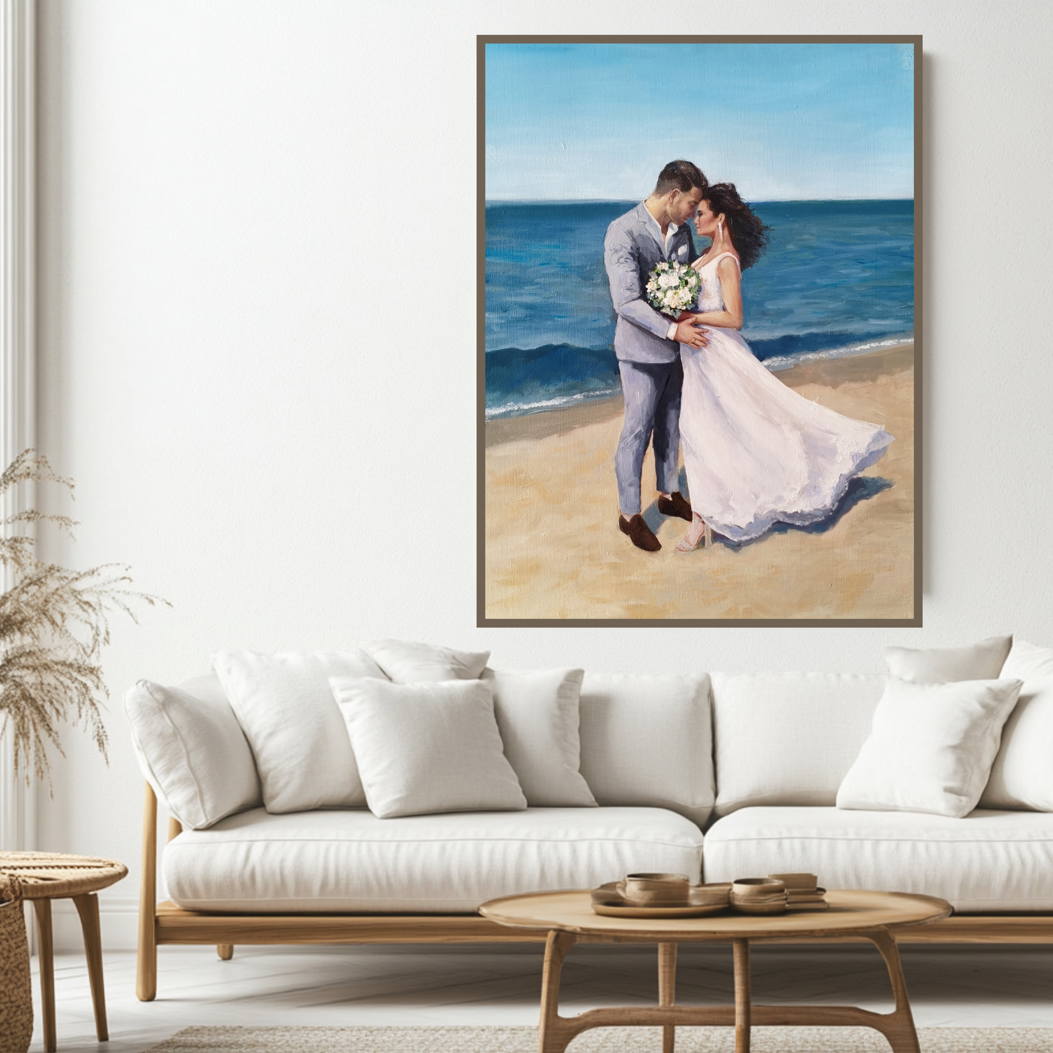 Live wedding painting of ceremony with floral arch, Mediterranean venue